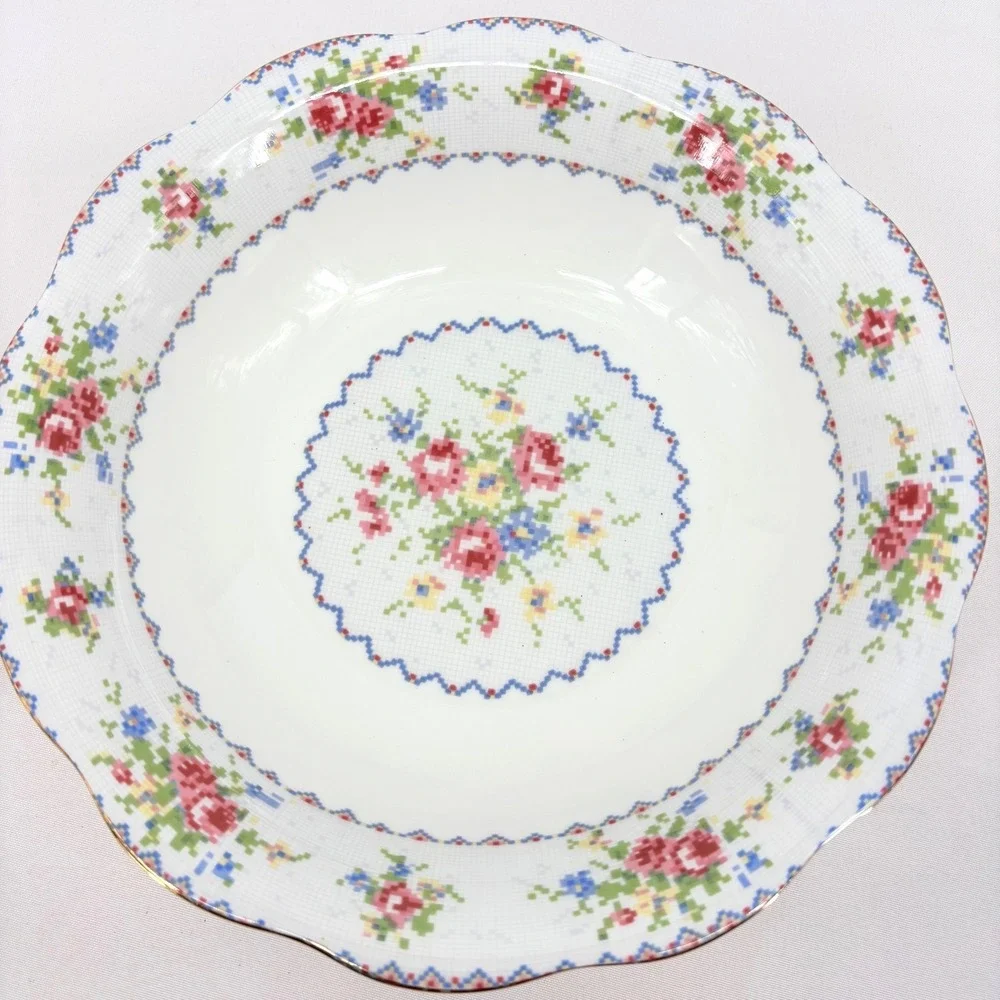 Royal Albert Petit Point China Soup Bowl England Floral Cross Stitch Gold Rim
